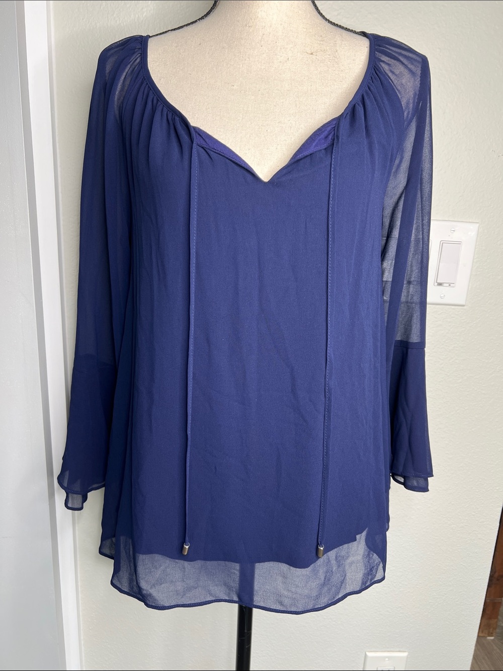 Marled Navy Sheer Tie-Front Peasant Blouse